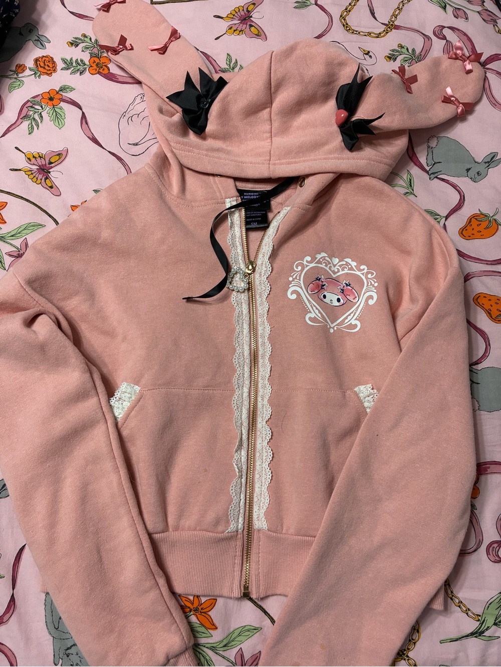 Girls' Pink Hooded Zip Jacket with Bunny Ear Details